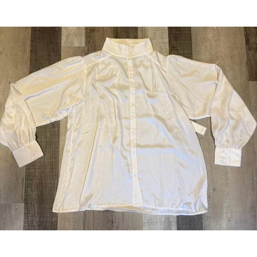 Women's Blouse Red Dress Top White Shiny Reg Fit Long Sleeve Mock Neck Button